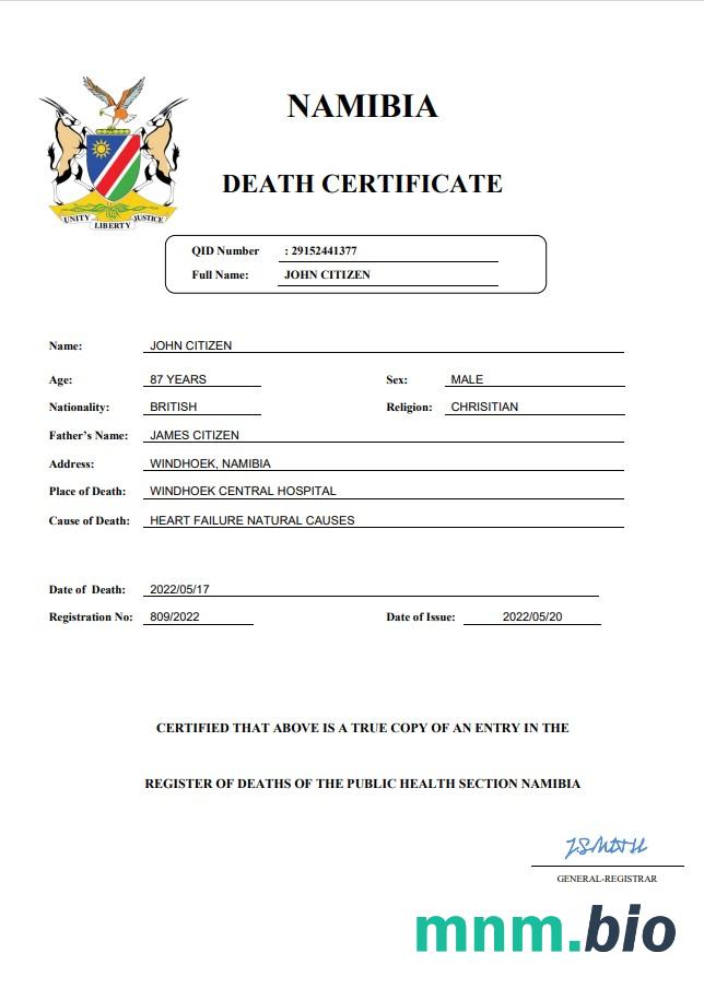 Namibia rekord życiowy śmierć certyfikat Word i PDF szablon